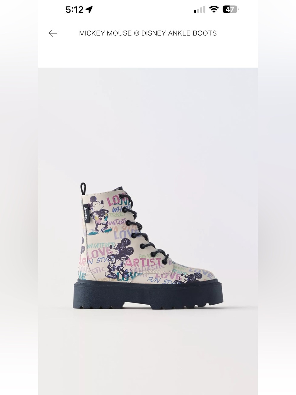 ZARA Disney White Multicolor Mickey Graphic Lace-Up Ankle Boots